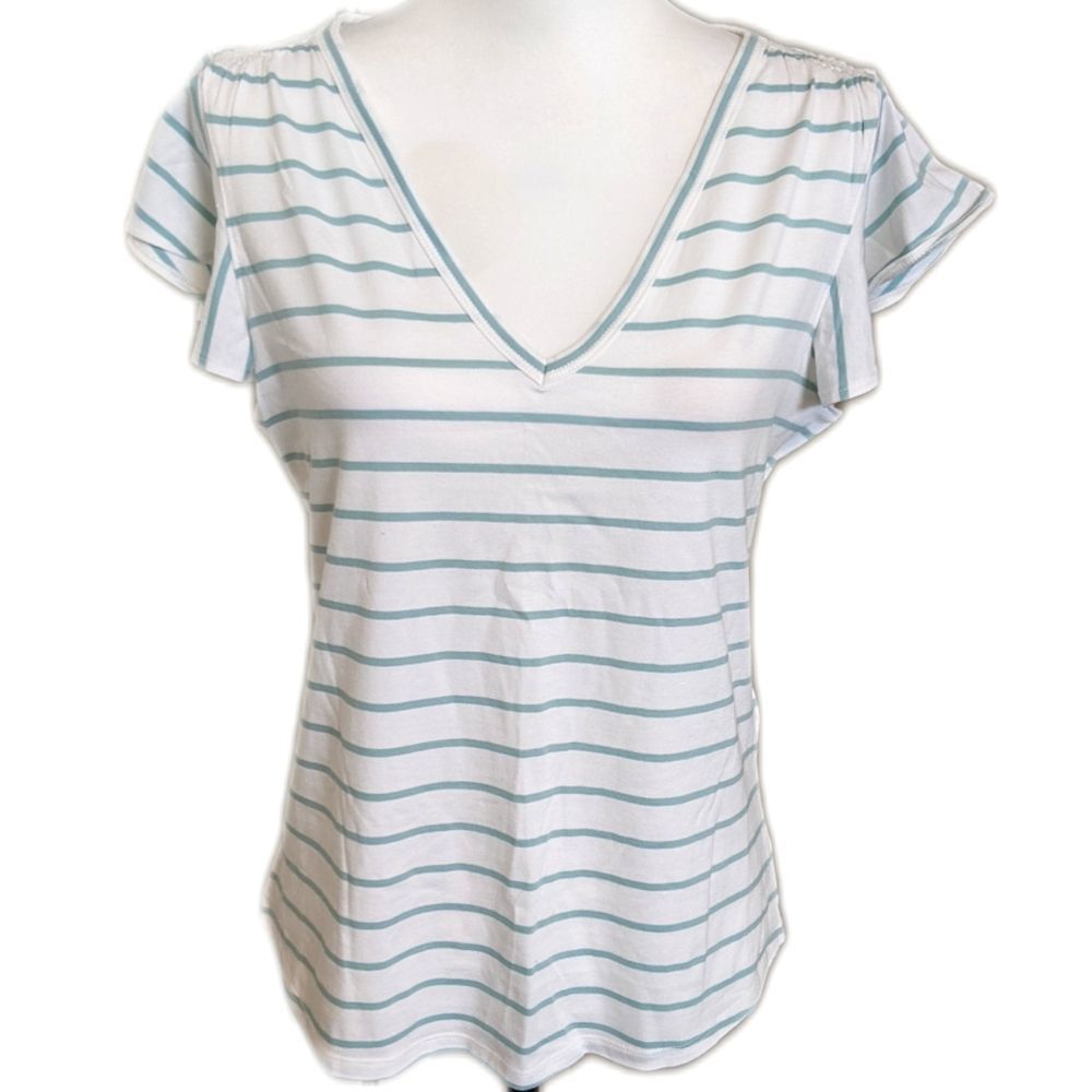 White House Black Market White Tee with Light Green Stripes